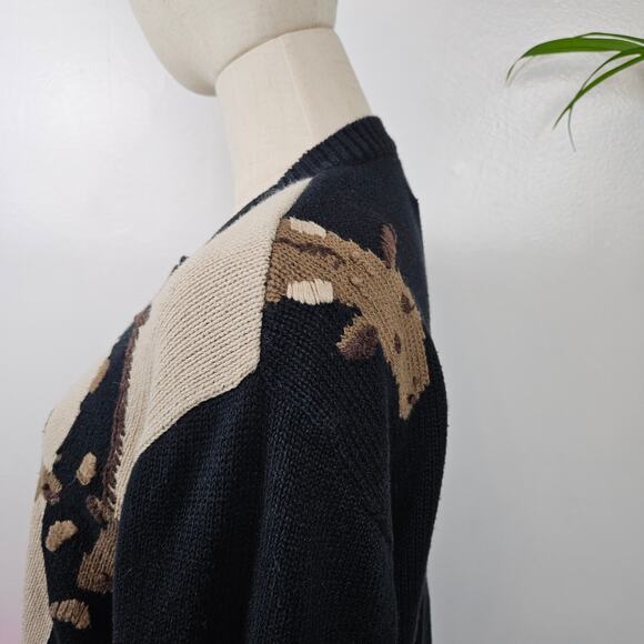 Vintage Giraffe Knit Cardigan Sweater M Black Brown Tan Christopher & Banks - Picture 4 of 9